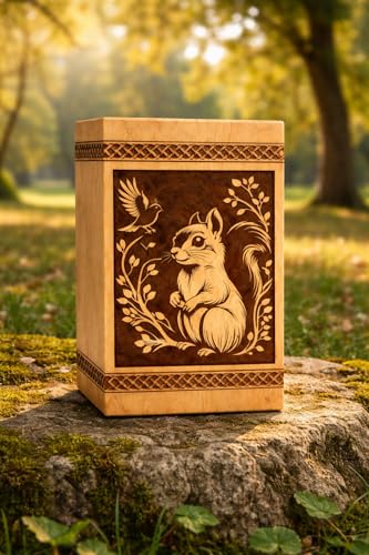 Handcrafted Wooden Urn Box with Squirrel & Bird Engraving – Decorative Memorial Keepsake[Available urn Box in 5 Different Sizes] (((Full Size 14X7.5 600 Cubic INCHES)))
