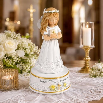 AIDLNS First Holy Communion Gifts for Girls, Plays The Lord's Prayer, Catholic Music Box Keepsake, Hand-Painted Resin White Dress Girl Figurine, Religious Collectible Decor