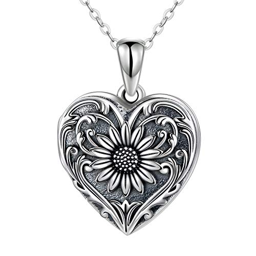 SOULMEET Personalized Silver Locket Necklace That Holds Pictures Photo Keep Someone Near to You, Memorial Custom Lockets Necklaces Letters Engraving for His Her - color: A-Sunflower-Black, style: Locket Necklace Only