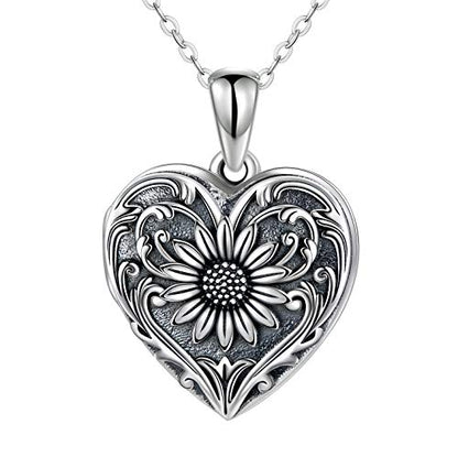 SOULMEET Personalized Silver Locket Necklace That Holds Pictures Photo Keep Someone Near to You, Memorial Custom Lockets Necklaces Letters Engraving for His Her - color: A-Sunflower-Black, style: Locket Necklace Only