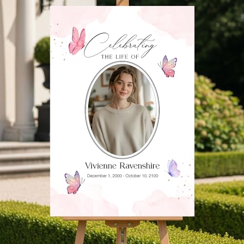 Personalized Celebration of Life Welcome Sign with Photo, Obituary Welcome Sign with Name and Date, Celebrating a Beautiful Life Butterfly Flower Tribute, Butterfly Flower Remembrance Decor, Custom Funeral Welcome Sign (Edition 4) - color: Edition 4