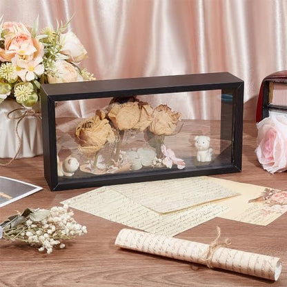 OLYCRAFT 5x2.4x10.2 inch Rectangle Shadow Box Wood Shadow Box Display Case Shadow Box Frame with Double Sided Clear Acrylic Window for Dried Flowers Leaves Specimen - Black