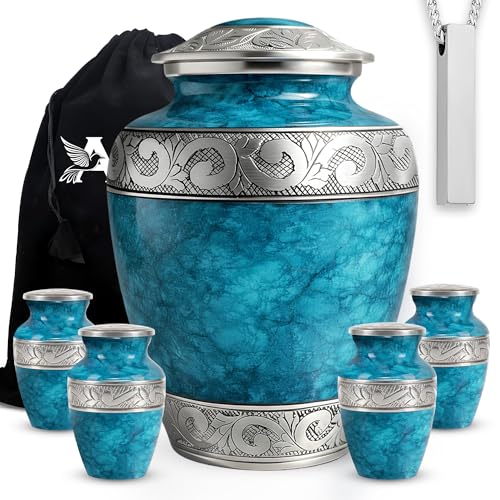 Set of 6 Marble Blue Decorative Funeral Urns for Ashes Adult Male & Female Includes 1 Large Urn with 4 Small Keepsakes & 1 Necklace for Ashes - color: Marble Blue Set