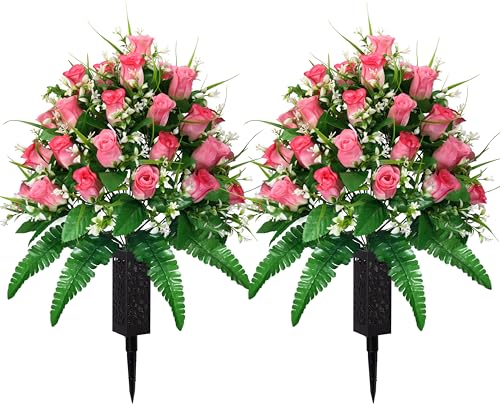 MOOMASS 2 Sets Artificial Cemetery Flowers, Pink Realistic Roses Bouquet, Outdoor Grave Decorations with Non-Bleed Colors, Accompanied by 2 Long Nail Vases (Pink) - color: Pink