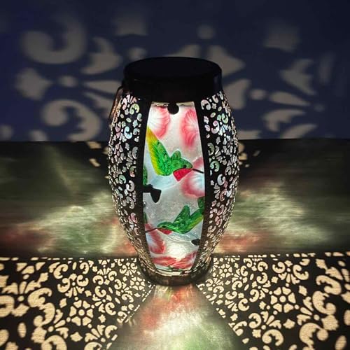 Hanging Solar Lantern Waterproof Garden Light Hummingbird-New | Glass & Metal, Tabletop Light with Hollowed-Out Design for Garden Patio Table Decor, Gifts for Friends and Family - style: Hummingbird+Flower