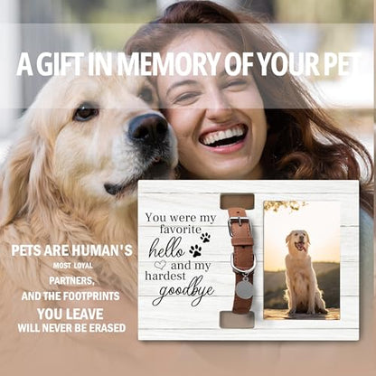 Pet Cat Dog Memorial Loss Gifts Picture Photo Frame with Collar Holder for 4x6 Photos, You Were My Favorite Hello and My Hardest Goodbye - color: white