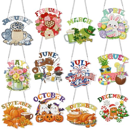 Cinnvoice Seasonal Diamond Art Hanging Kit,12 Pcs,Month | Holiday Diamond Art Wreath Ornament, Month Gem Hanging Sign, Festival Crystal Suncatcher, for Door Window Wall Home Decor - style: Month