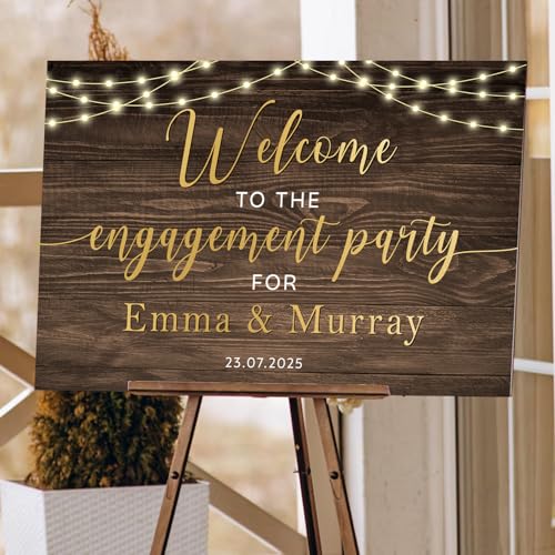 Personalized Rustic Wood Engagement Party Welcome Sign | Personalized Couple Names & Date | String Lights Design | Durable Waterproof PVC Board for Outdoor Indoor Events - color: Design 22