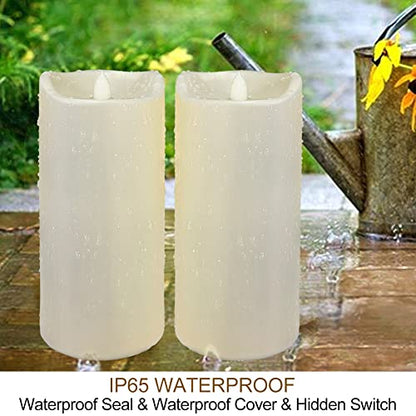 Pack of 2 Large Outdoor LED Pillar Candles 4x8 with Timer and Remote - IP65 Waterproof Battery Operated LED Pillar Candles Ivory Body - Oblique Edge Flickering Flameless Pillar Candles - color: [Pack of 2] 4 X 8 - Ivory Body - Warm White Glow