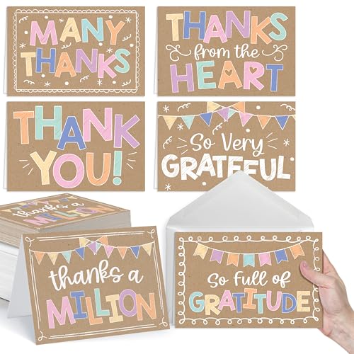 54 Bulk Thank You Cards with Envelopes Blank Cute Thank You Cards | Kraft Colorful 5 x 3.5 Appreciation Card Birthdays, Baby Shower, Teacher, Small Business, Party Guests, Coworkers & Holidays - style: Kraft Colorful 54 pcs