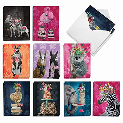The Best Card Company 20 Assorted Birthday Notes Box Set 4 x 5.12 Inch with Envelopes (10 Designs, 2 Each) Fancy Wildlife AM3364BDG-B2x10 - style: Fancy Wildlife