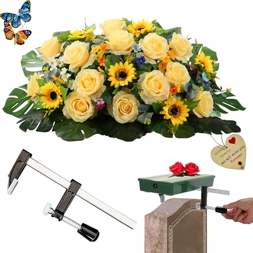 Fall Grave Saddle Flowers for Cemetery Headstones - with Heavy-Duty Clamps | Christmas Tombstone Flower Saddle,Gravestone Saddles Gravesite Decor,Never Be Blown Away,Artificial Yellow Rose and Sunflower - color: Yellow