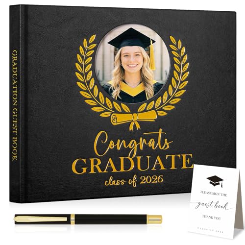 Lanpn Graduation Guest Book Class of 2026 with Pen & Table Sign, Leather Graduation Guest Sign in Books, Graduates Signature Book, Keepsake Memory Books for College High School Grad Party, Black