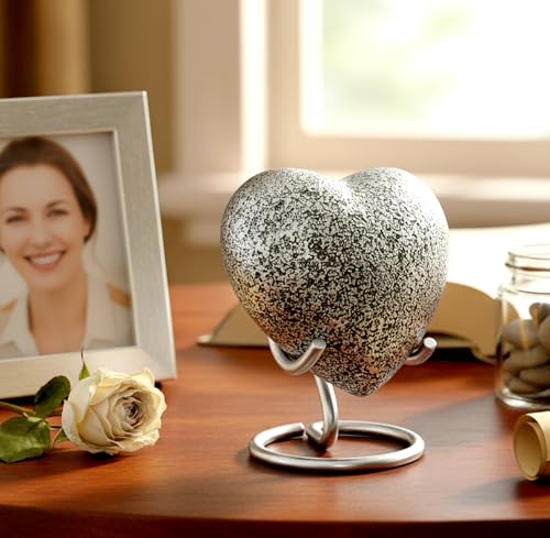 Esplanade Heart Shape Cremation Urn Memorial Container Jar Pot | Metal Urns | Memorial Keepsake Urns | Memorial Jar Pot Container, Small Urn for Funeral Ashes Burial, Textured Metal Keepsake, With Stand - color: Silver