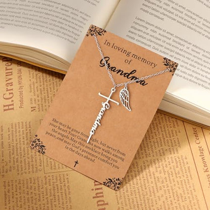Lcherry Cremation Cross Necklace for Women - Angel Wing Faith Cross Necklace Memorial Gifts Religious Jewelry for Women - style: Grandma