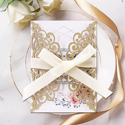 50Pcs Laser Cut Wedding Invitation With Glitter Envelopes And Ribbons Blank Personalized Card Invitaciones Para quinceañera Birthday Baby Shower Christmas Party Bridal Shower (Gold) - color: Gold
