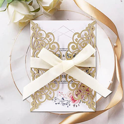 50Pcs Laser Cut Wedding Invitation With Glitter Envelopes And Ribbons Blank Personalized Card Invitaciones Para quinceañera Birthday Baby Shower Christmas Party Bridal Shower (Gold) - color: Gold