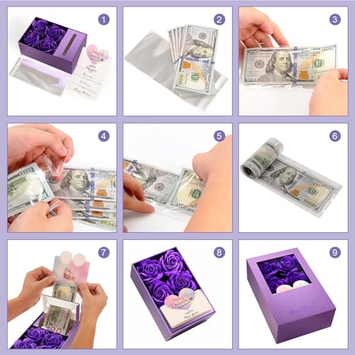 Money Box for Cash Gift Pull, Money Gift Boxes for Cash on Birthday, Christmas, Graduation, Mother's Day, for Husband, Wife, Girlfriend, Mother With Soap Rose Flower and Greeting Cards - Purple - color: Purple