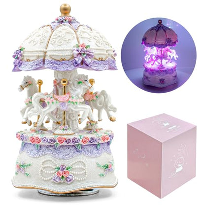 Carousel Music Box,Luxury Color Change LED Light ,Luminous Rotating 3-horse | Luminous Music Box, musical box with Gift Box for Girls Birthday Valentine Gift (You are My Sunshine, Purple) - color: Purple, style: You are My Sunshine