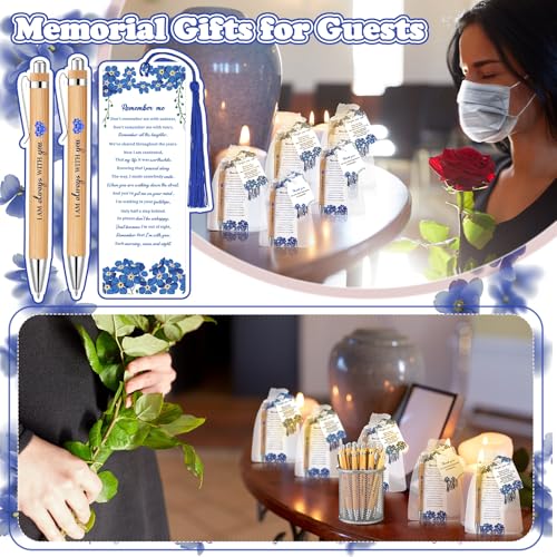 Sayglossy 200 Pcs Blue Flower Funeral Gifts Celebration of Life Gifts Set Memorial Decorations for Sympathy Include 50 Ballpoint Pens 50 Bookmark 50 Poem Cards and 50 Organza Bags - style: Blue Flower