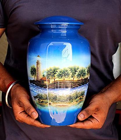 eSplanade Metal Lighthouse Printed Cremation Urn Memorial Jar Pot Container | Blue-Multi - 10" Inches