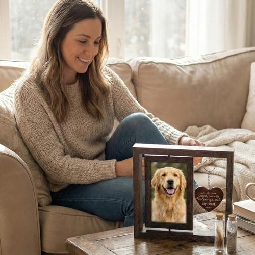 Dog Memorial Gifts for Loss of Dog, Pet Memorial Gifts for Dogs Cats, Rotating Wooden Picture Frame, Funeral Tribute for Beloved Dogs & Cats