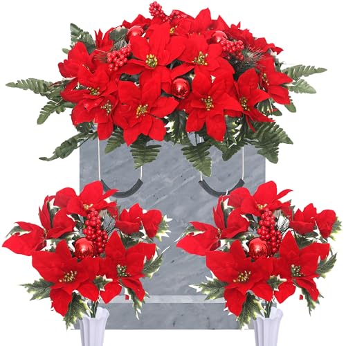 Lodou 3 Sets Artificial Cemetery Flowers for Grave,Christmas Cemetery Flowers Saddle for Grave Decorations-Outdoor Grave Decorations, 1 Saddle 2 Bouquets with Vases (Red)