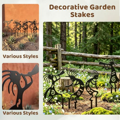 4 Piece Kokopelli Metal Garden Stakes-Southwestern Yard Art 9.8"x6" | Native American Inspired Rustic Outdoor Decor for Lawn,Patio,Garden Pathway,Fade-Resistant Ornaments for Thanksgiving Day - style: Kokopelli Stake