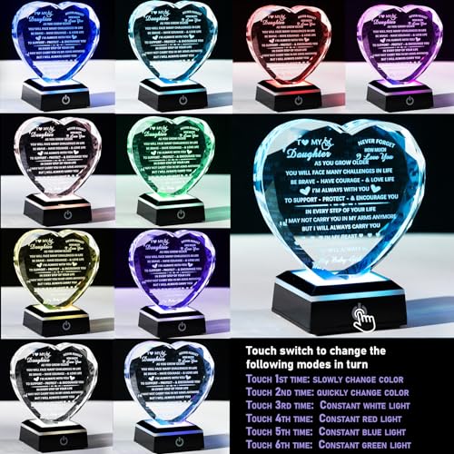 YWHL Daughter Gifts from Mom Dad Birthday Gifts for Daughter Adult to My Daughter Heart Crystal Keepsake with Colorful Base Meaningful Gifts for Daughter on Christmas Graduation Valentine Day - color: Daughter Gifts+led