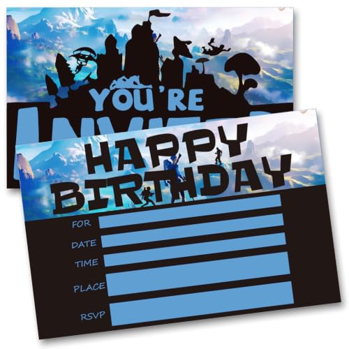Gaming Birthday Invitations for Boys Shooting Party Invites with Envelopes - color: Blue Games