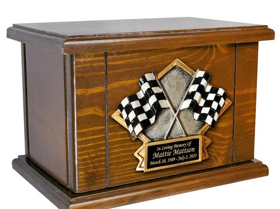 Car Racing Funeral Cremation Urn, Personalized Adult Wooden Memorial Urn | Racing flags memorial urn with detailed 3D plaque, honoring racing fans and motorsports enthusiasts