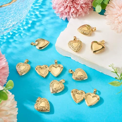 Beadthoven 10pcs Real 18K Gold Plated Heart Locket Pendants Engraved Heart with Bow Knot Flowers Photo Frame Charms Photo Holder Memory Locket Pendants for DIY Necklace Jewelry Making - color: Gold-Heart with Bow Knot