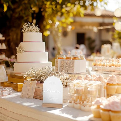 Acrylic Wedding Favors Sign for Reception with Wood Stand, 5 x 7 | Wedding signage guides guests to favors; frosted acrylic table sign with UV-printed white text and beech wood stand. - size: Favors Sign
