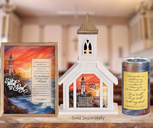 Dicksons, Classic Hymns, Inspirational Christian, Medium, 8 inch Tall Glass Holder, Full Wrap Print, Includes LED 3 inch Round Pillar Candle, It is Will with My Soul