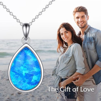 CRMAD Larimar/Opal/Lapis Lazuli/Tourmaline/Malachite/Labradorite/Turquoise/Onyx/Rose Quartz/Amber/Peridot Necklace for Women 925 Sterling Silver Teardrop Pendant Jewelry Gifts - color: blue opal