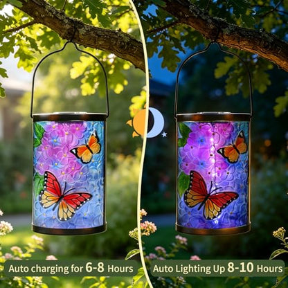 MUMTOP Butterfly Solar Lantern, Hanging Glass Outdoor Garden Light - color: Periwinkle Blue