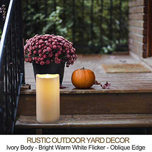 Pack of 2 Large Outdoor LED Pillar Candles 4x8 with Timer and Remote - IP65 Waterproof Battery Operated LED Pillar Candles Ivory Body - Oblique Edge Flickering Flameless Pillar Candles - color: [Pack of 2] 4 X 8 - Ivory Body - Warm White Glow