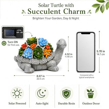 Nacome Solar Garden Outdoor Statues Turtle with Succulent - color: Grey Turtle