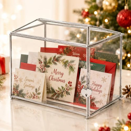 Wedding Glass Card Box with Slot and Lock, 10.2 x 6 x 8 Inch, Small Silver Geometric Cards Holder for Birthdays Party Reception, Wishing Well - Slot Length 6.3'' (Glass Box Only) - color: E-Small Silver Card Box 10.2''