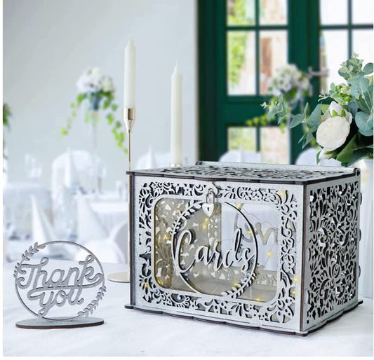 OurWarm Silver Wedding Card Box with Lock & String Lights for Party Decor | Glittery Silver Hollow Design, with Acrylic Window, Generous Capacity, Wooden Card Box for Wedding Baby Shower Graduation - color: Silver