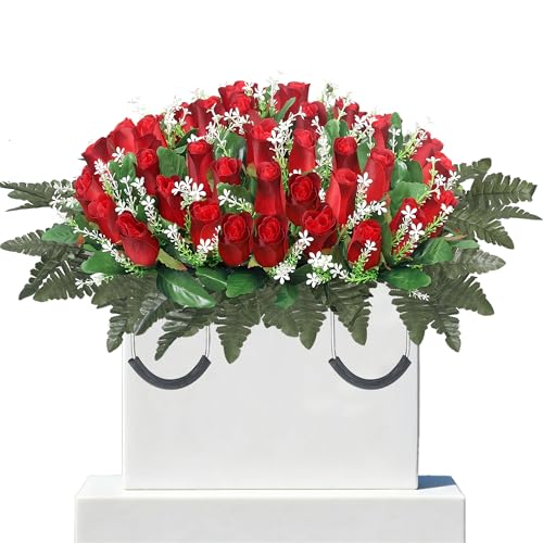 Wocst Artificial Cemetery Flowers for Grave Headstone Flower Saddle Realistic Grave Rose Flowers Memorial Flowers for Cemetery (Red) - color: Red