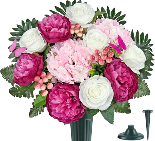 Artificial Cemetery Flowers,Memorial Flowers,Beautiful Arrangements for Headstones,Silk Hydrangea Rose Lily Daisy