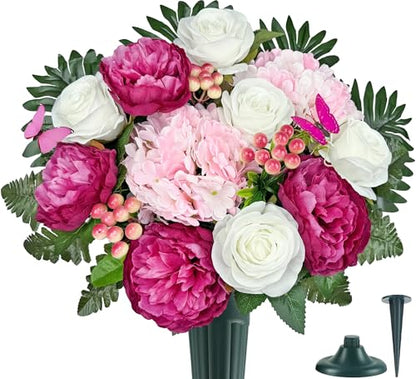 Artificial Cemetery Flowers,Memorial Flowers,Beautiful Arrangements for Headstones,Silk Hydrangea Rose Lily Daisy