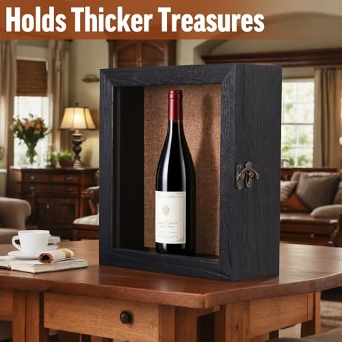 15x15 Extra Deep Large Shadow Box, 4-Inch Exterior Depth, Solid Wood, Black | Solid wood, hinged door, metal latch, extra-deep display for photos, bouquets, pet keepsakes, baby items and wedding mementos - size: 15x15