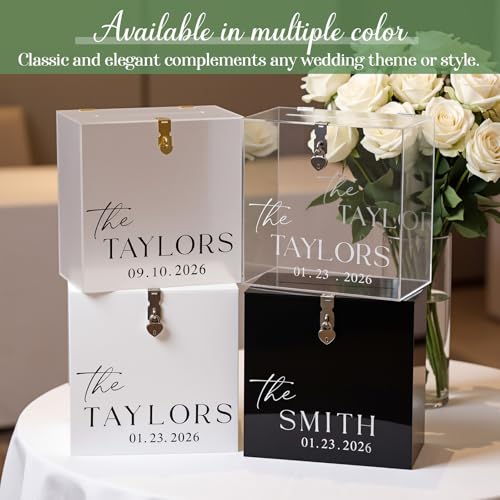 Novabright 10 Inches Wedding Acrylic Card Box with Slot Lock and Last Name Transfers Money Box for Bridal Shower Wedding, Baby Shower Birthday Party, No Assembly Needed(White,Classic Style) - color: White, style: Classic Style