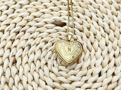 GOKING Love Heart Memory Locket Necklace Holds Pictures for Women - color: Letter N