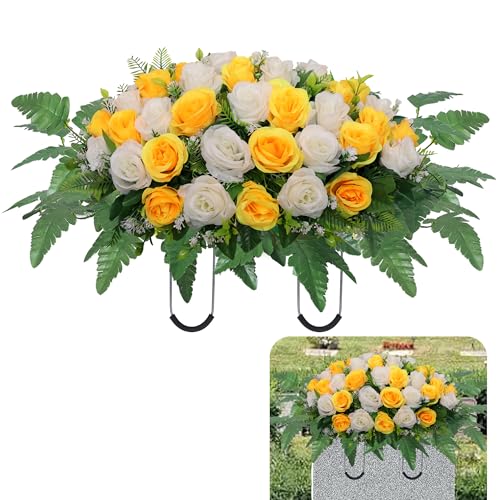 Cemetery Headstone Flower Saddle,Artificial Cemetery Flower Saddles for Graves,Artificial Rose Cemetery Memorial Flowers for Outdoor Tombstone Headstone Decorations (Yellow) - color: Yellow