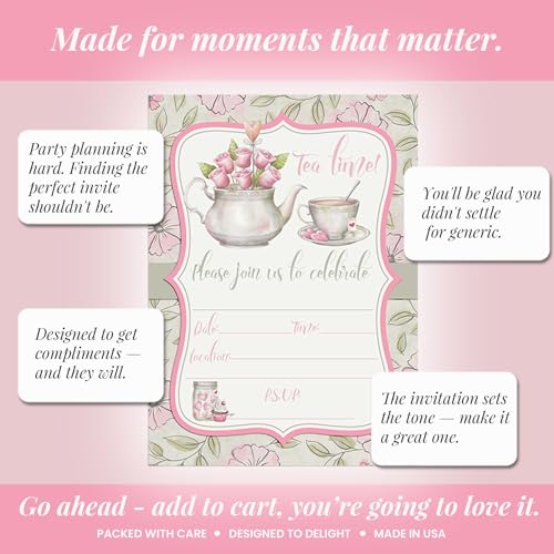 Watercolor Tea Party Theme Girls Birthday Party 20 Invitations 5x7 Fill-In Cards with Envelopes, Princess Theme Elegant Floral Design for Child Celebration, Made in USA by Amanda Creation - style: Watercolor Tea Party