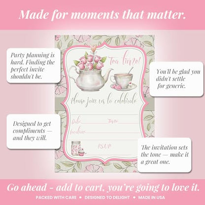 Watercolor Tea Party Theme Girls Birthday Party 20 Invitations 5x7 Fill-In Cards with Envelopes, Princess Theme Elegant Floral Design for Child Celebration, Made in USA by Amanda Creation - style: Watercolor Tea Party