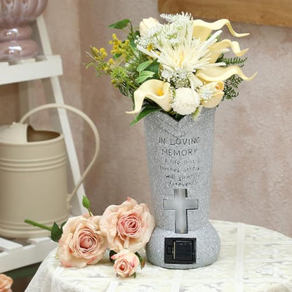 DoubleFill 2 Pcs Solar LED Cemetery Grave Vase with Spike,Cylinder | Weatherproof Resin Headstones Flower Vases, Auto Dusk LED Cross Light, Spike Ground Mount, Loss Loved Tribute, Garden Decor - style: Cylinder